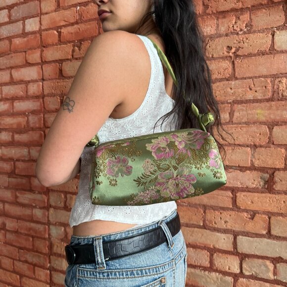 Y2K Floral Satin Shoulder Bag Pink Green Cottagecore Mini Purse - Picture 2 of 7